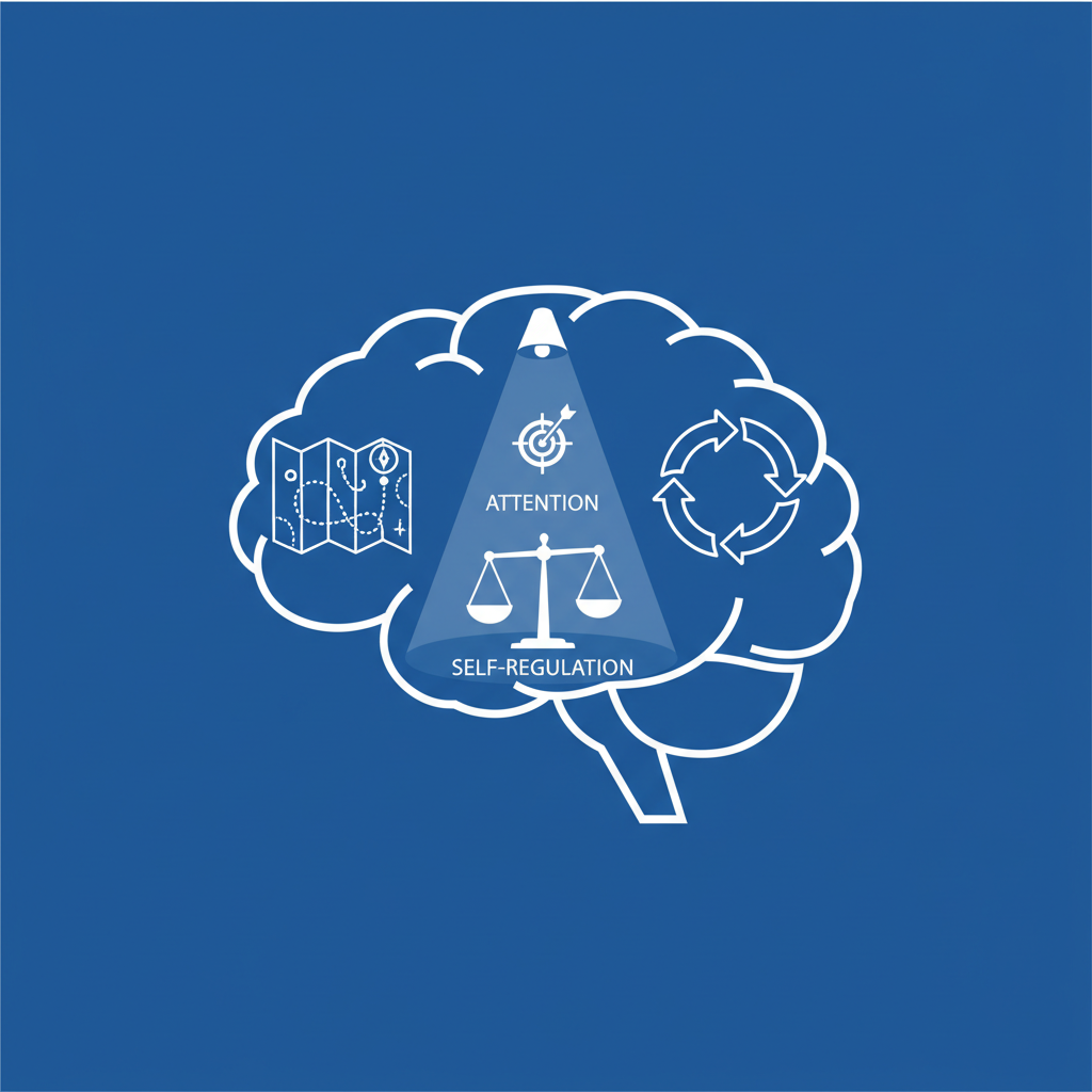 Illustration of a brain silhouette containing symbols for Planning (map/path), Attention (spotlight), Self-Regulation (balance scale), and Flexibility (arrows). Blue background.