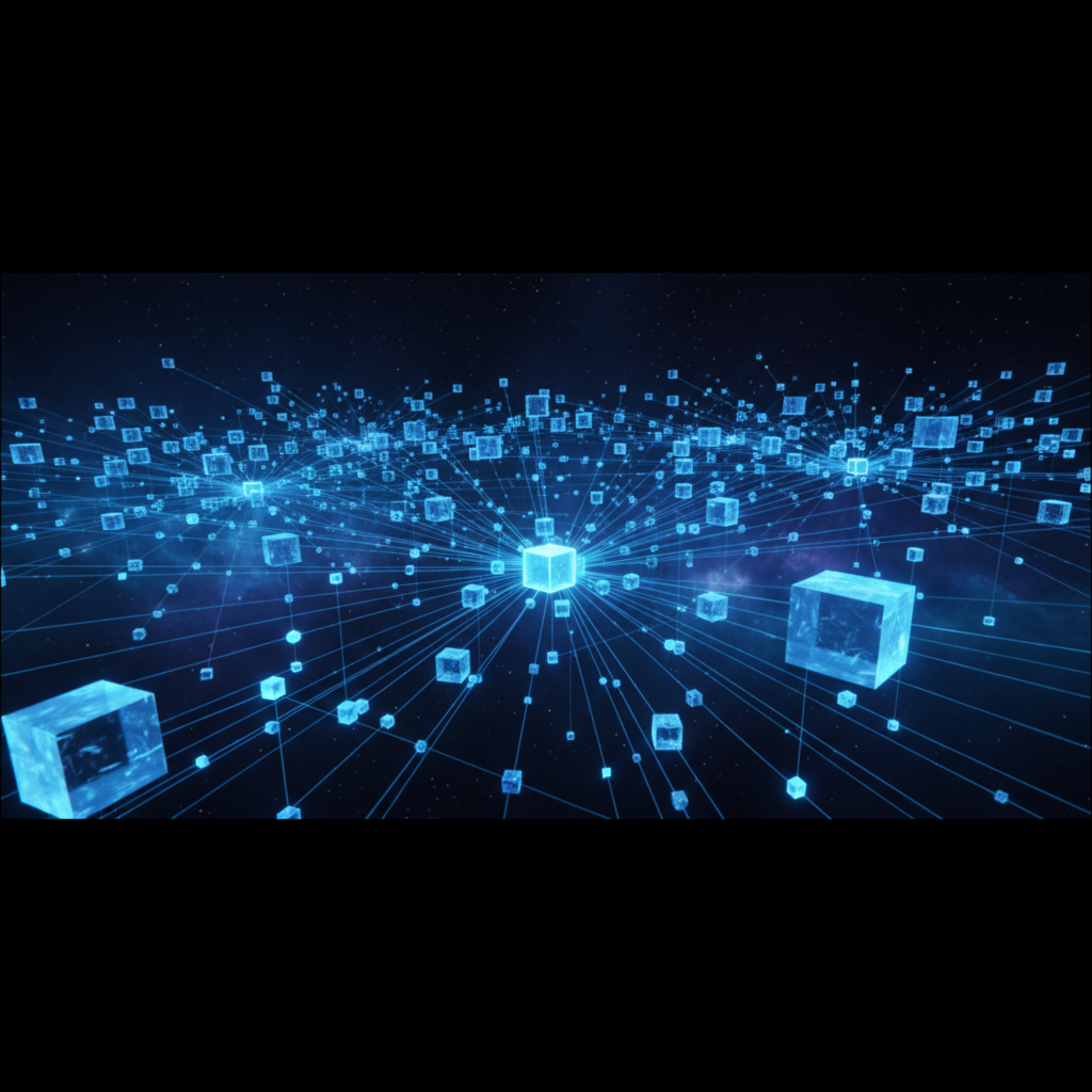 3D render of a network of glowing blue cubes connected by lines in a dark space, representing a distributed computer network, technology monitoring style
