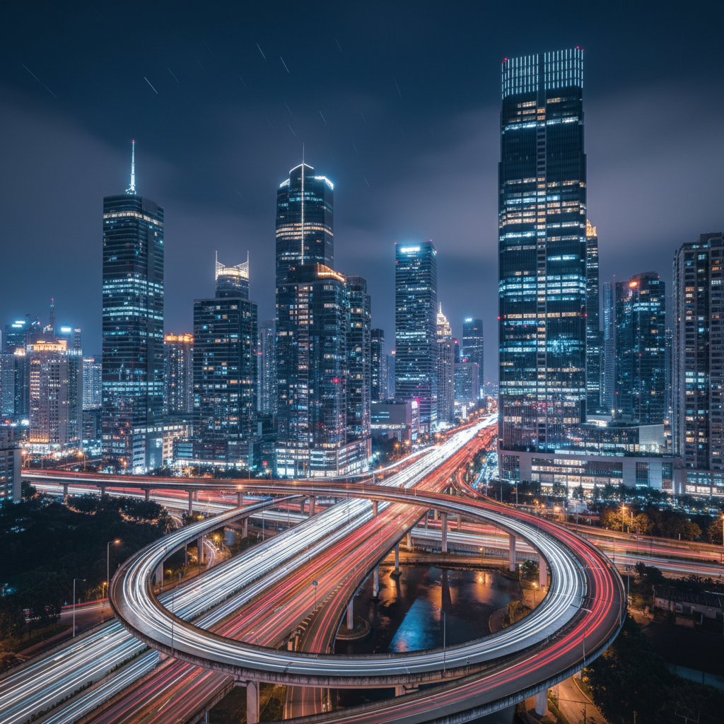 long exposure photography of city traffic at night showing light trails, red and white lights, modern urban setting