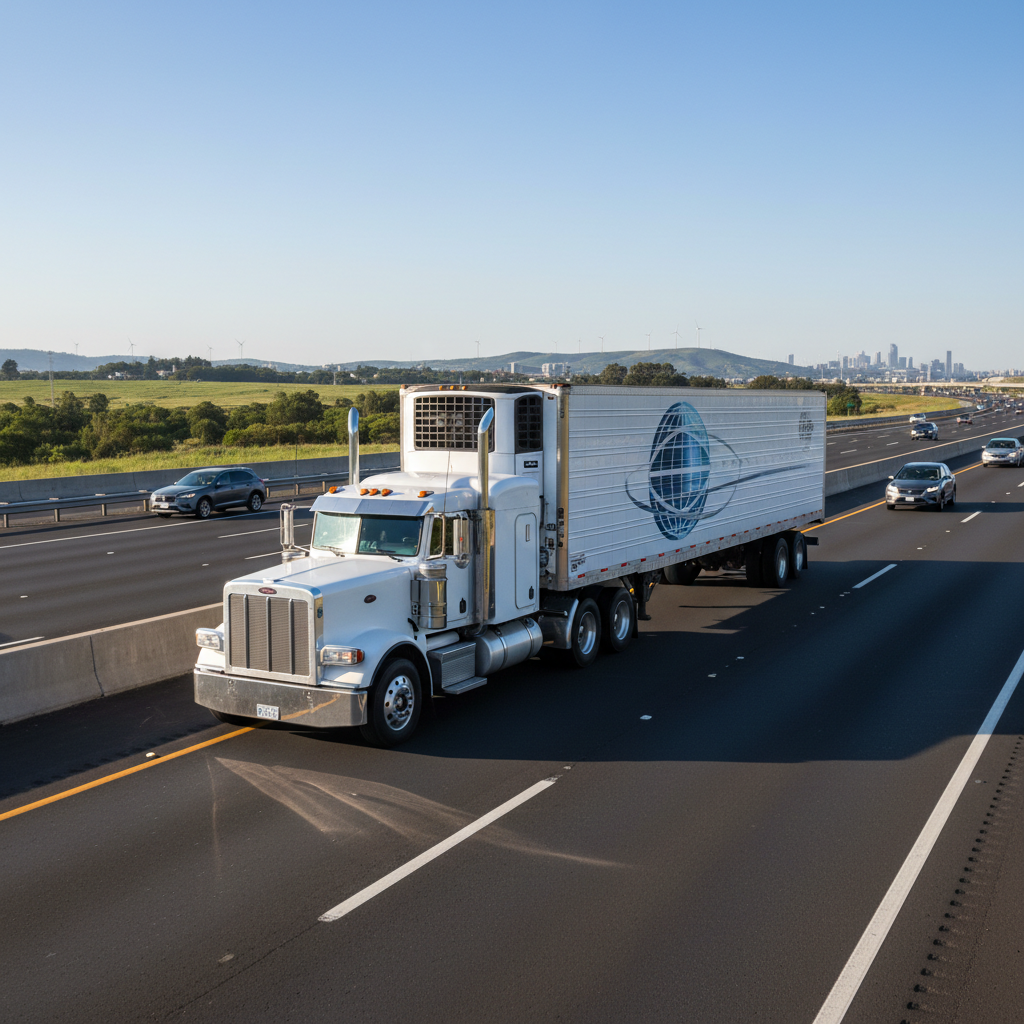 Large semi-truck with refrigeration trailer driving on a highway, logistics and delivery concept, daytime