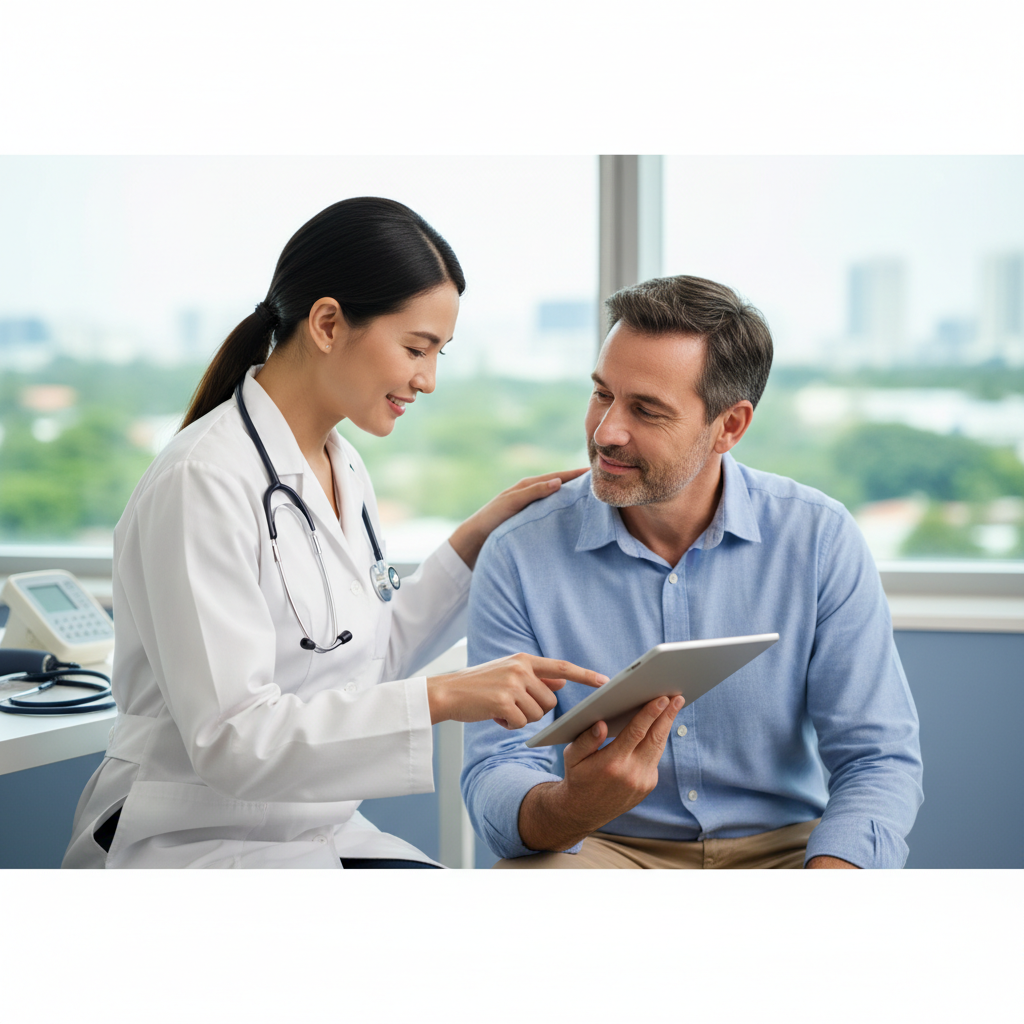 Doctor examining patient file, compassionate medical checkup, photorealistic, clear lighting