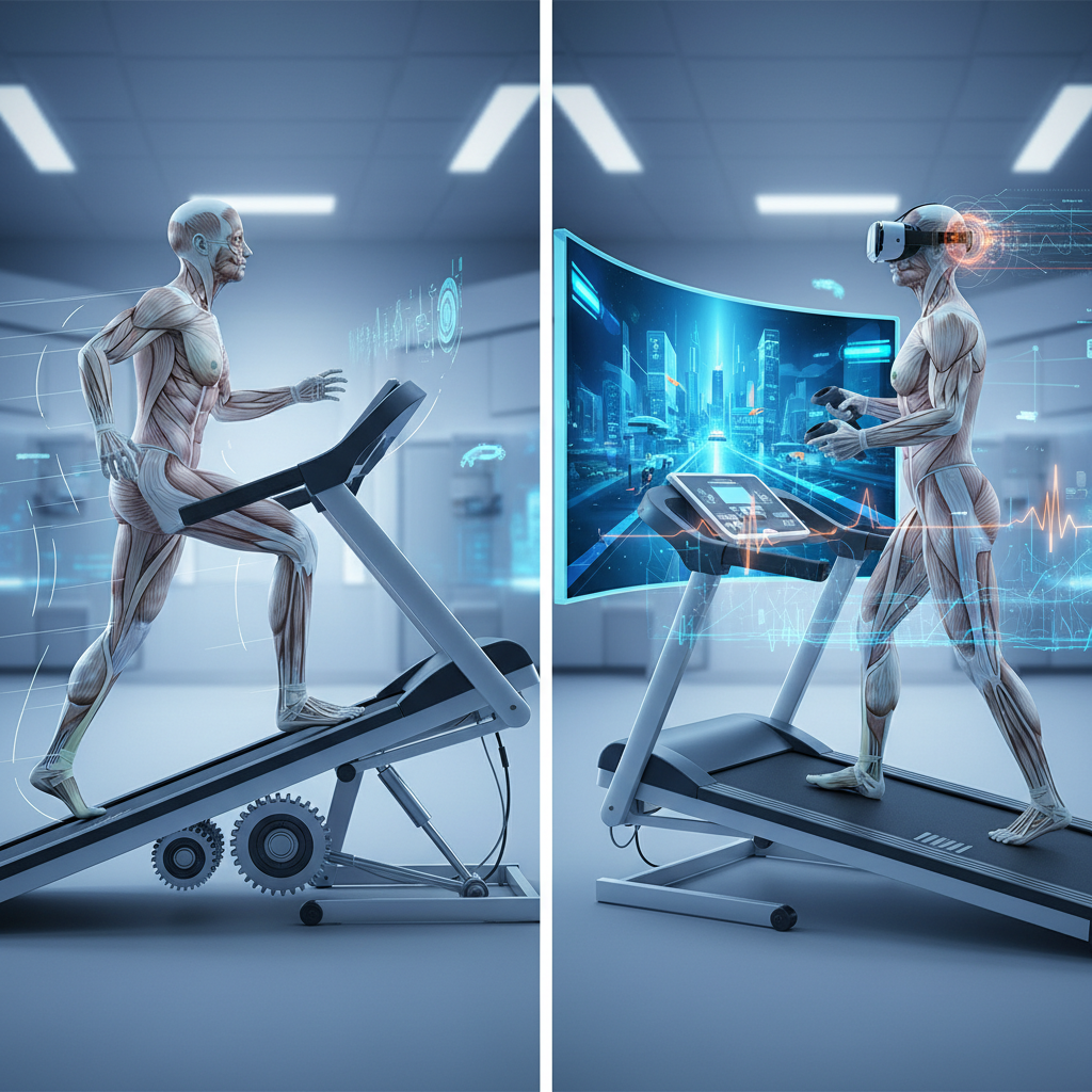 Split screen illustration: Left side shows a treadmill shifting suddenly under a users feet (perturbation). Right side shows a user on a treadmill navigating a virtual city on a screen (VR cognitive training). Clean medical style.