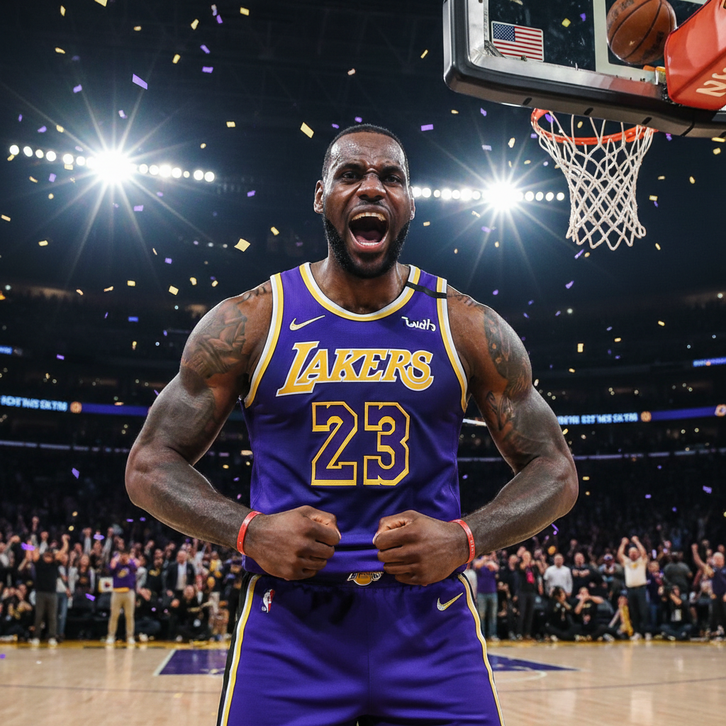 LeBron James flexing muscles and screaming in celebration after a basket, Lakers jersey, stadium lights flaring, heroic angle
