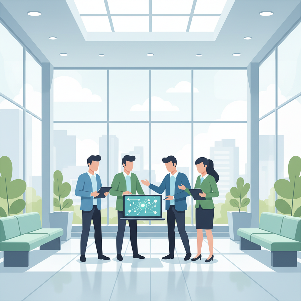 Modern university students collaborating around a laptop in a bright atrium with glass walls, infographic style, clean composition, business casual, blue and green color accents