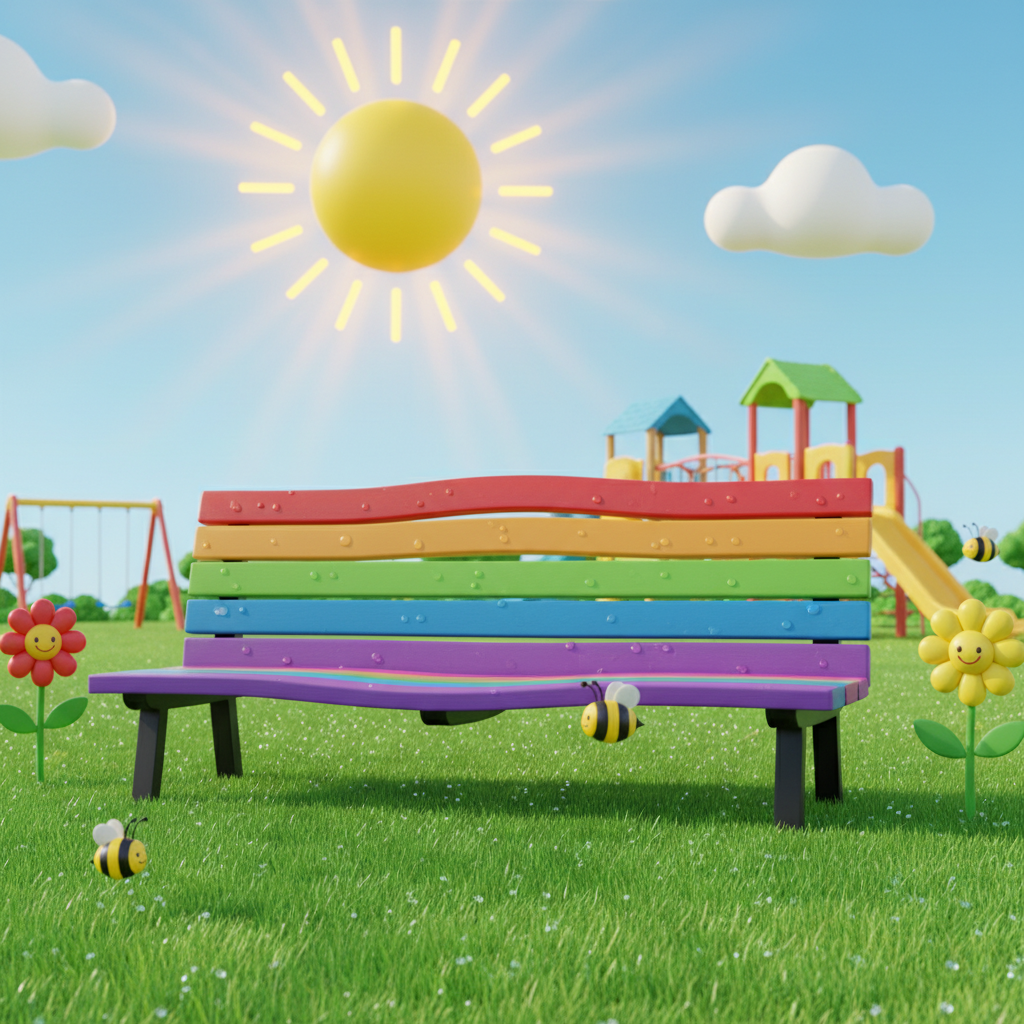 A bright colorful school buddy bench in a playground park, green grass, bright yellow sun, cheerful atmosphere, 3d render