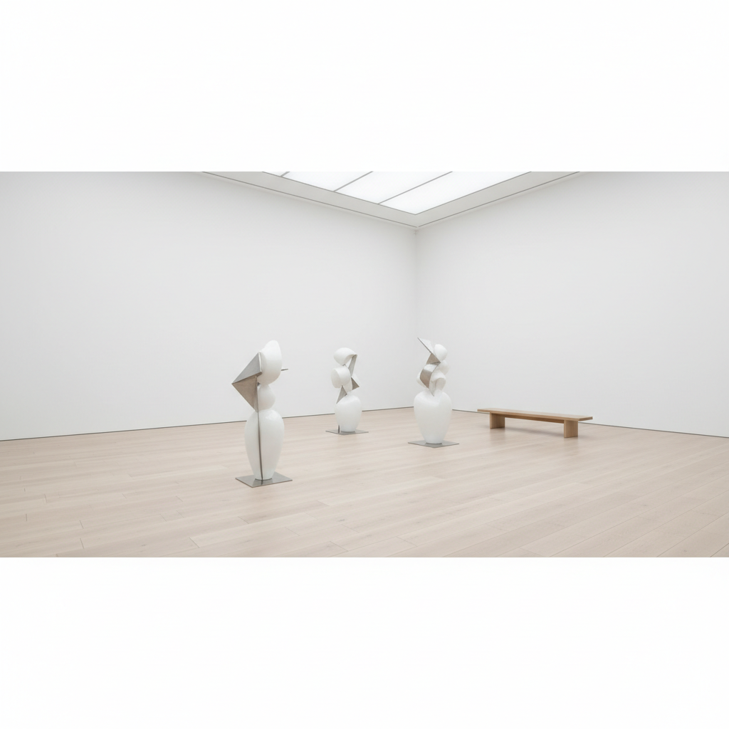 Modern white art gallery interior, minimal exhibition design, wooden floor, soft lighting, wide angle