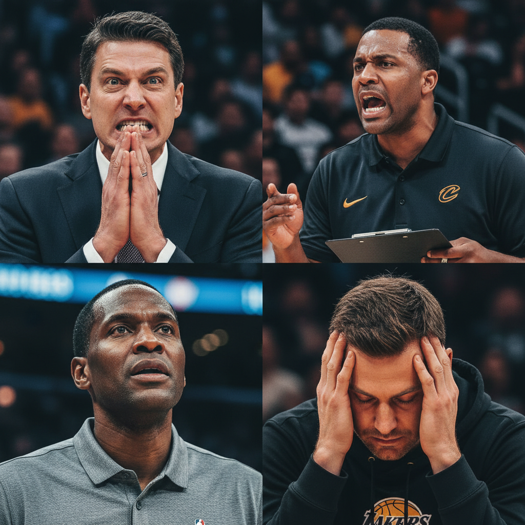 Collage of NBA coaches David Blatt, Mike Brown, Ty Lue, and Luke Walton looking stressed