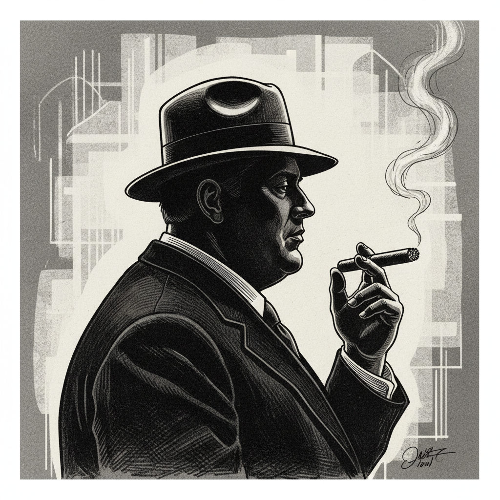 Silhouette of a heavy set man in a fedora smoking a cigar, vintage 1920s style, monochrome drawing