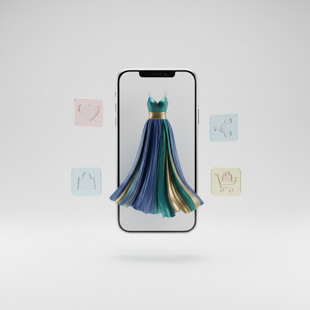 A modern 3D illustration of a smartphone displaying a fashion dress on screen, surrounded by 'Like', 'Share', and 'Buy' floating icons, isometric view, clean white background, studio lighting