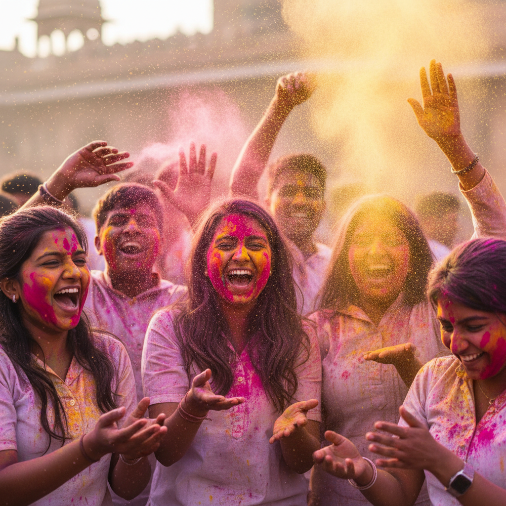 Close up slow motion shot of joyful people observing Holi festival, bright pink and yellow powder floating in the air, cinematic lighting