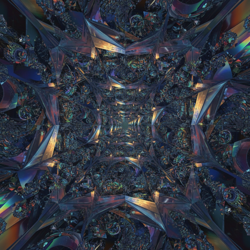 infinite mirror effect, recursion concept art, fractals, surreal geometric shapes, deep depth of field