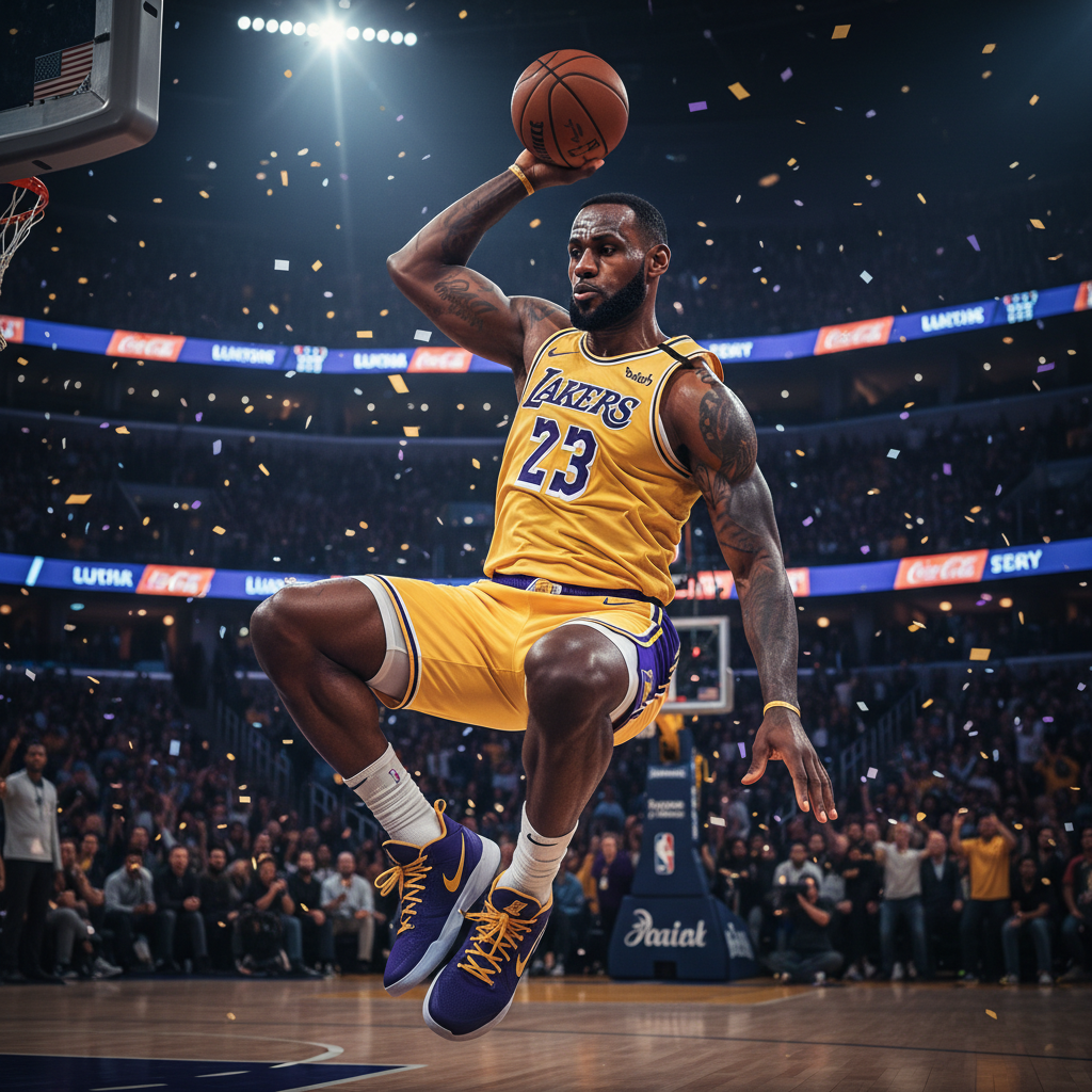 LeBron James mid-air for a tomahawk dunk, legs tucked, ball cocked back, Lakers uniform, cinematic lighting
