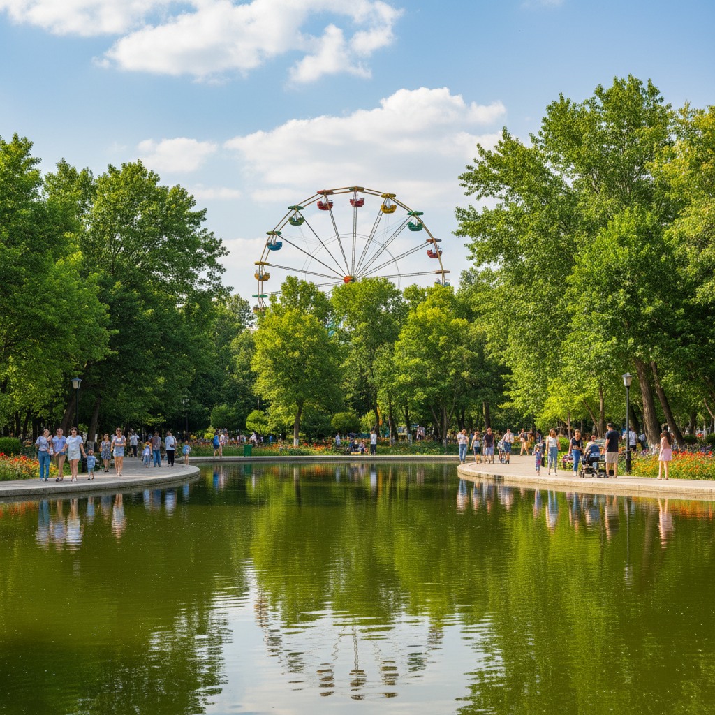 Gafur Gulom park in Tashkent, beautiful lake with green trees, bright ferris wheel in background, happy families walking, sunny summer day