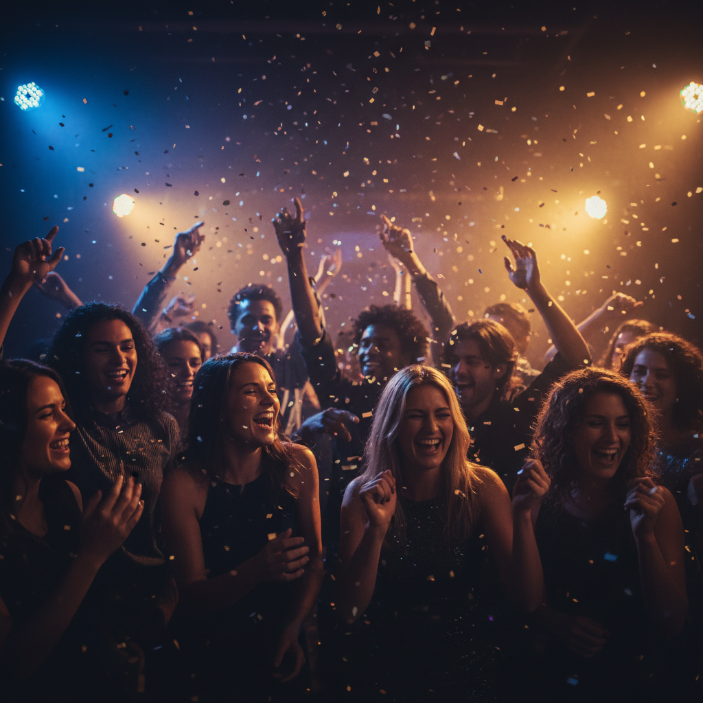 Crowd of happy people at a party, blurred background, dark atmosphere
