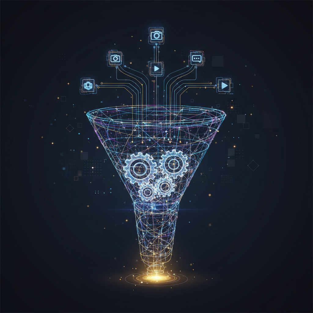 digital marketing funnel concept, glowing network connections, social media icons, automation gears, dark tech style