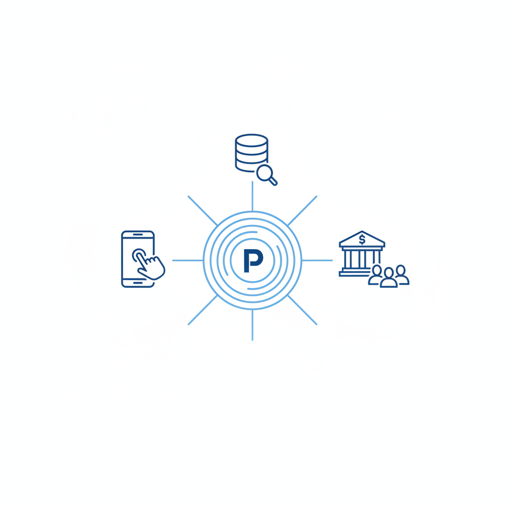 diagram showing a central digital platform hub connecting smartphone, database, and bank users, schematic flat design, blue thin lines