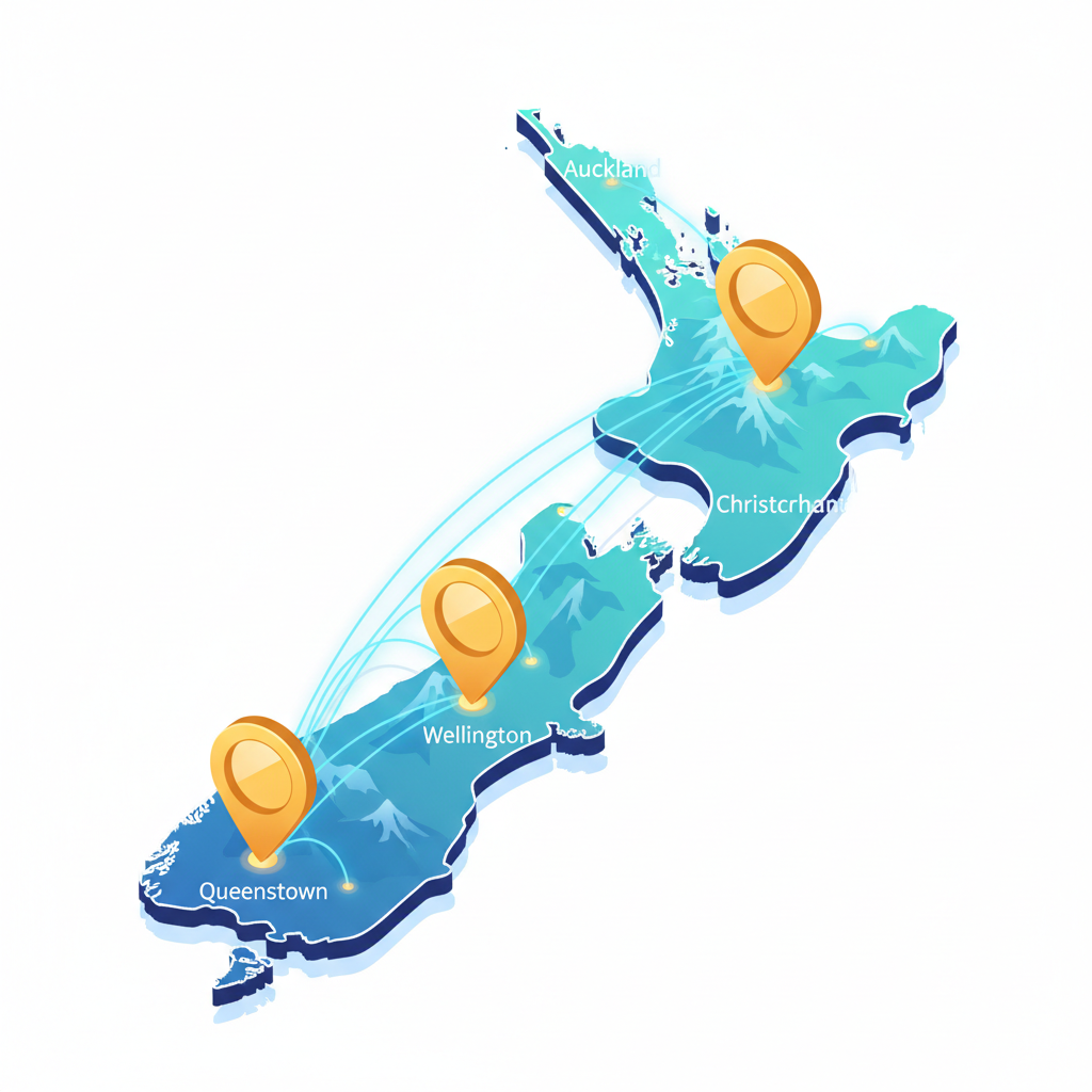 stylized map of New Zealand with 4 hub location pins highlighted in gold connecting via network lines, clean corporate isometric style on white background
