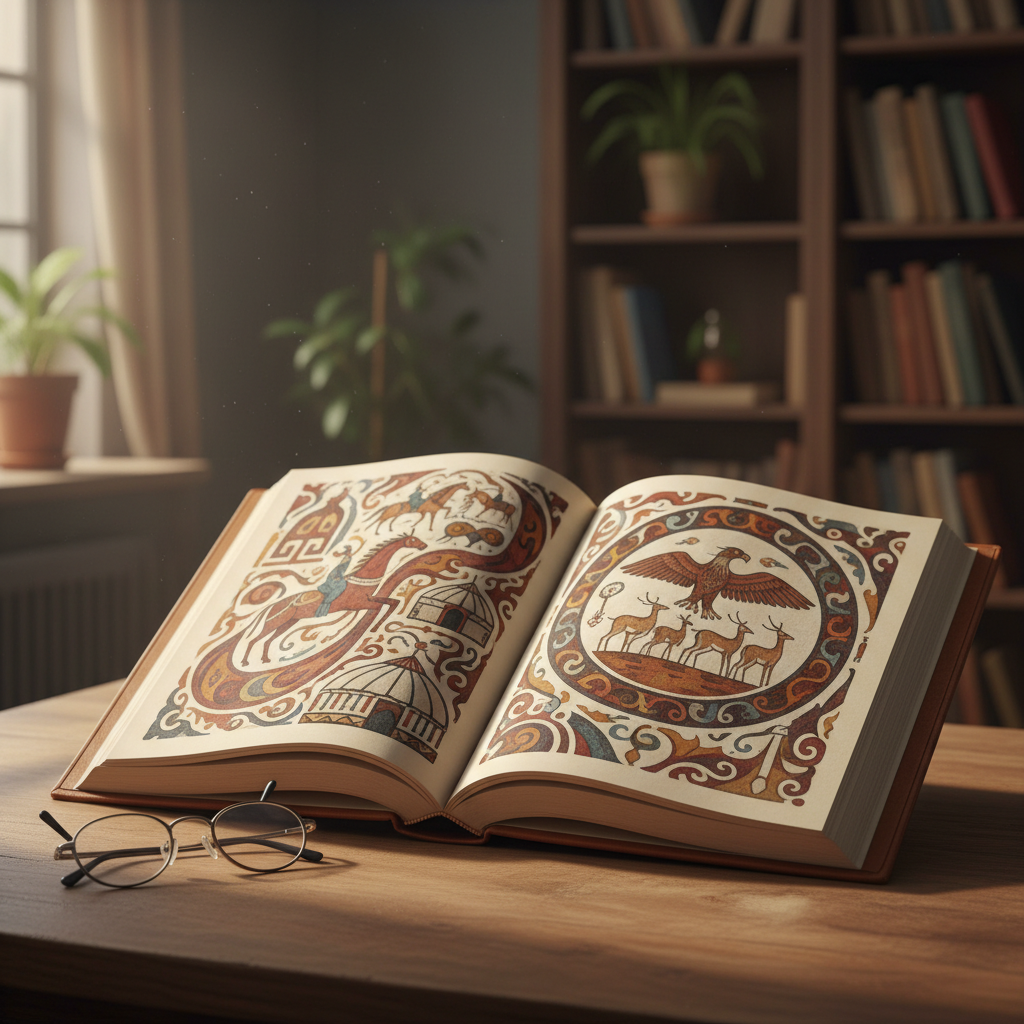 Open book with Kazakh nomadic illustrations on a wooden table, glasses, soft library lighting