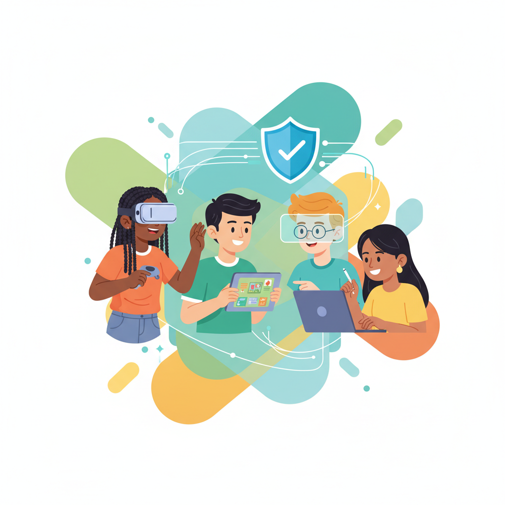 A happy diverse group of teenagers using technology safely, bright atmosphere, vector art style