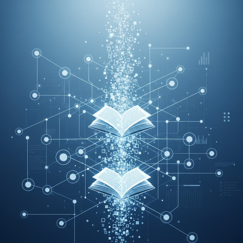 Abstract representation of digital education, connected nodes, books turning into pixels, blue and white color scheme, clean minimal style