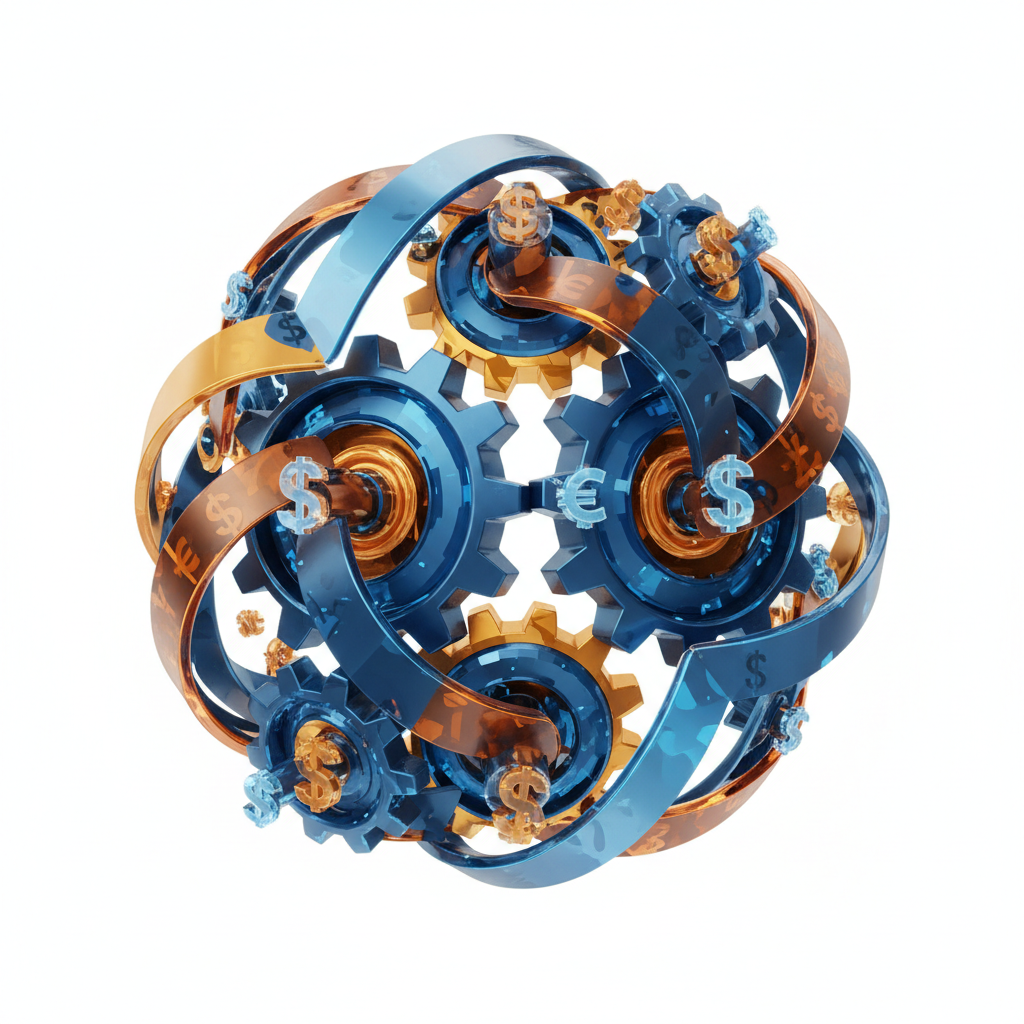 Abstract 3D rendering of financial gears interlocking, symbolizing portfolio management and wealth creation, blue and orange color scheme, white background, high quality