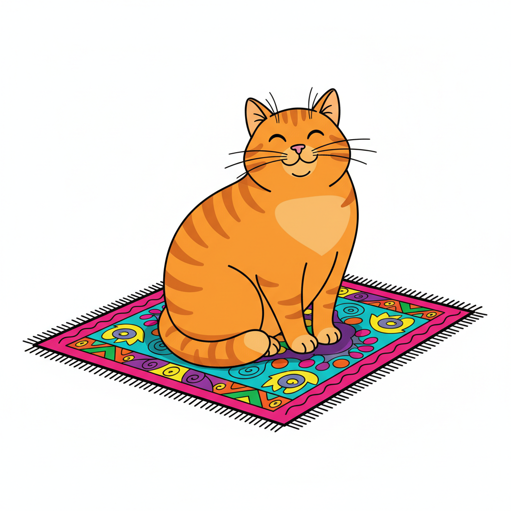 Cartoon illustration of an orange cat sitting on top of a colorful rug, white background, vector art style