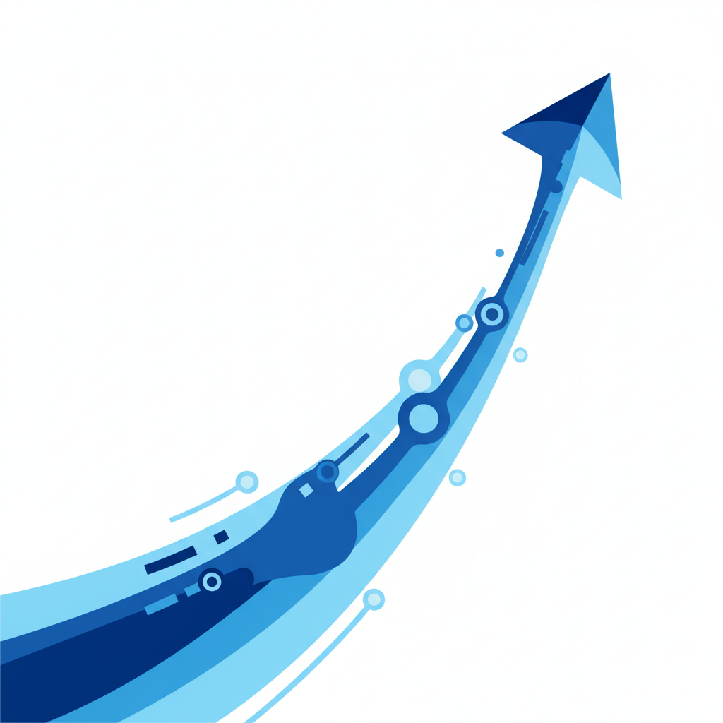 An abstract minimalist timeline graphic showing upward growth, corporate blue color palette, white background