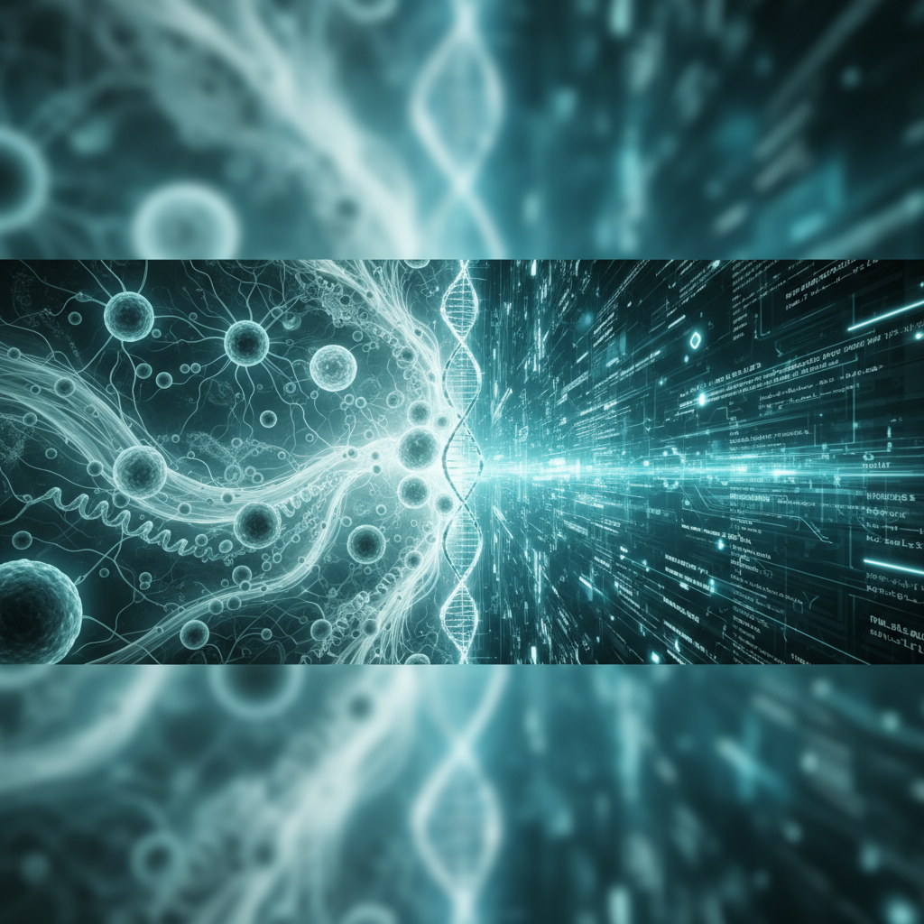Conceptual art splitting the frame in half. Left side: biological cell tissue. Right side: computer code matrix. They blend seamlessly in the middle. Teal and white color palette.