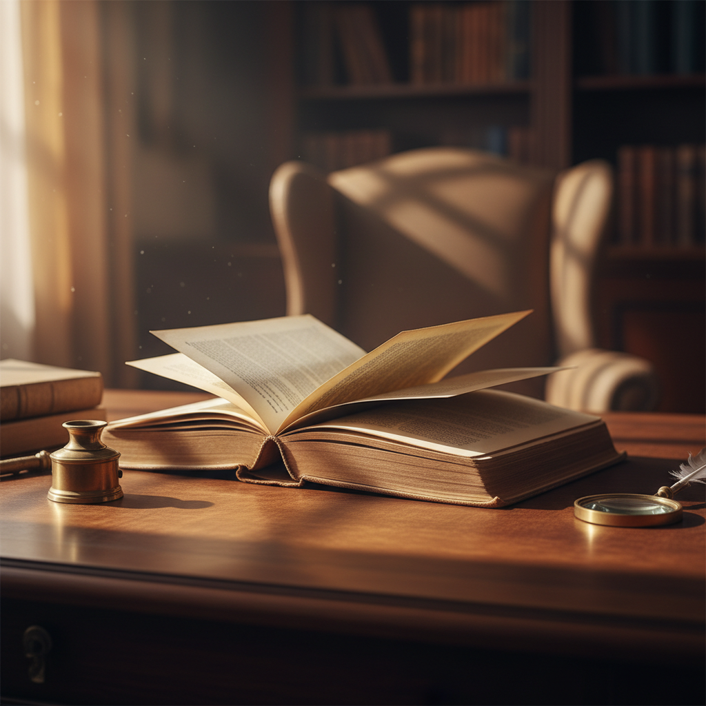 An open vintage book on a wooden desk with soft warm lighting, cinematic, photorealistic, elegant atmosphere