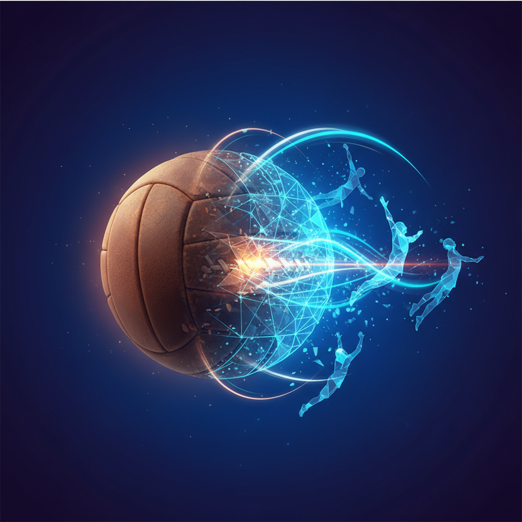 Artistic abstract representation of volleyball evolution, merging a vintage leather ball with digital wireframe structures and glowing lines, symbolizing progress