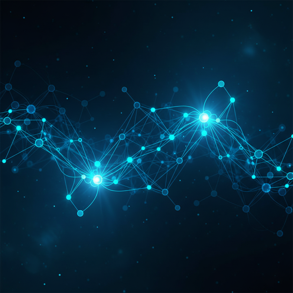 Abstract medical background, neurology concept, stylized neural network glowing in deep blue and teal colors, minimalistic, high quality, 8k