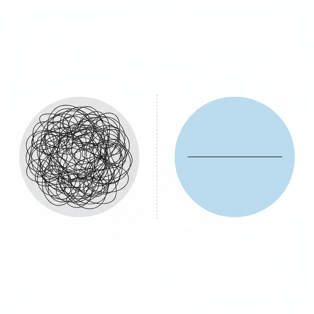 Illustration comparing a complex tangled wire ball (automatic) to a neat straight line (manual), symbolizing simplicity and organization, minimalist style