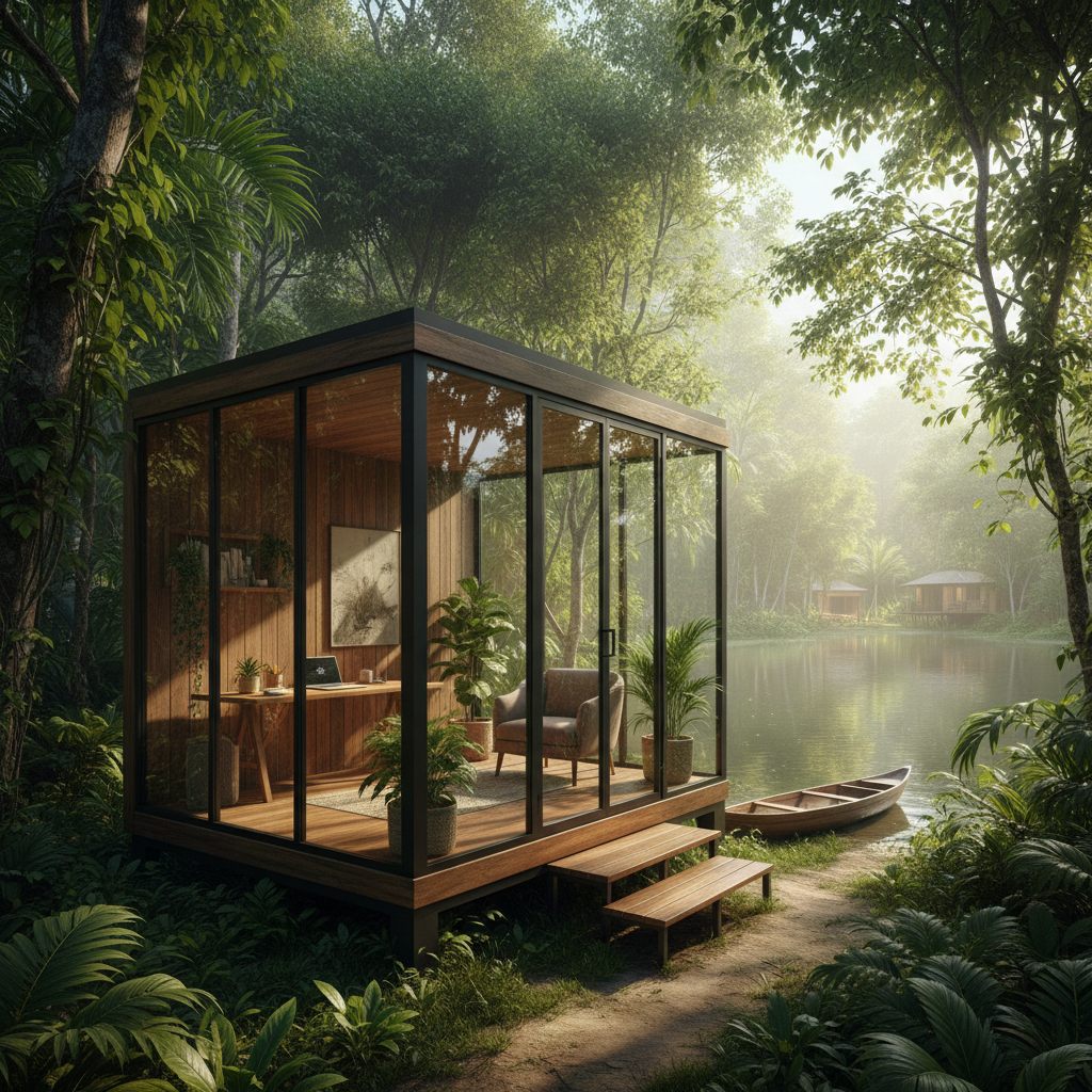 modern tiny office pod located in a lush jungle setting near a lake at an adventure resort, glass walls, wooden exterior, cozy interior visible with desk and laptop, sunlight filtering through trees, peaceful, productive atmosphere, photorealistic, 8k