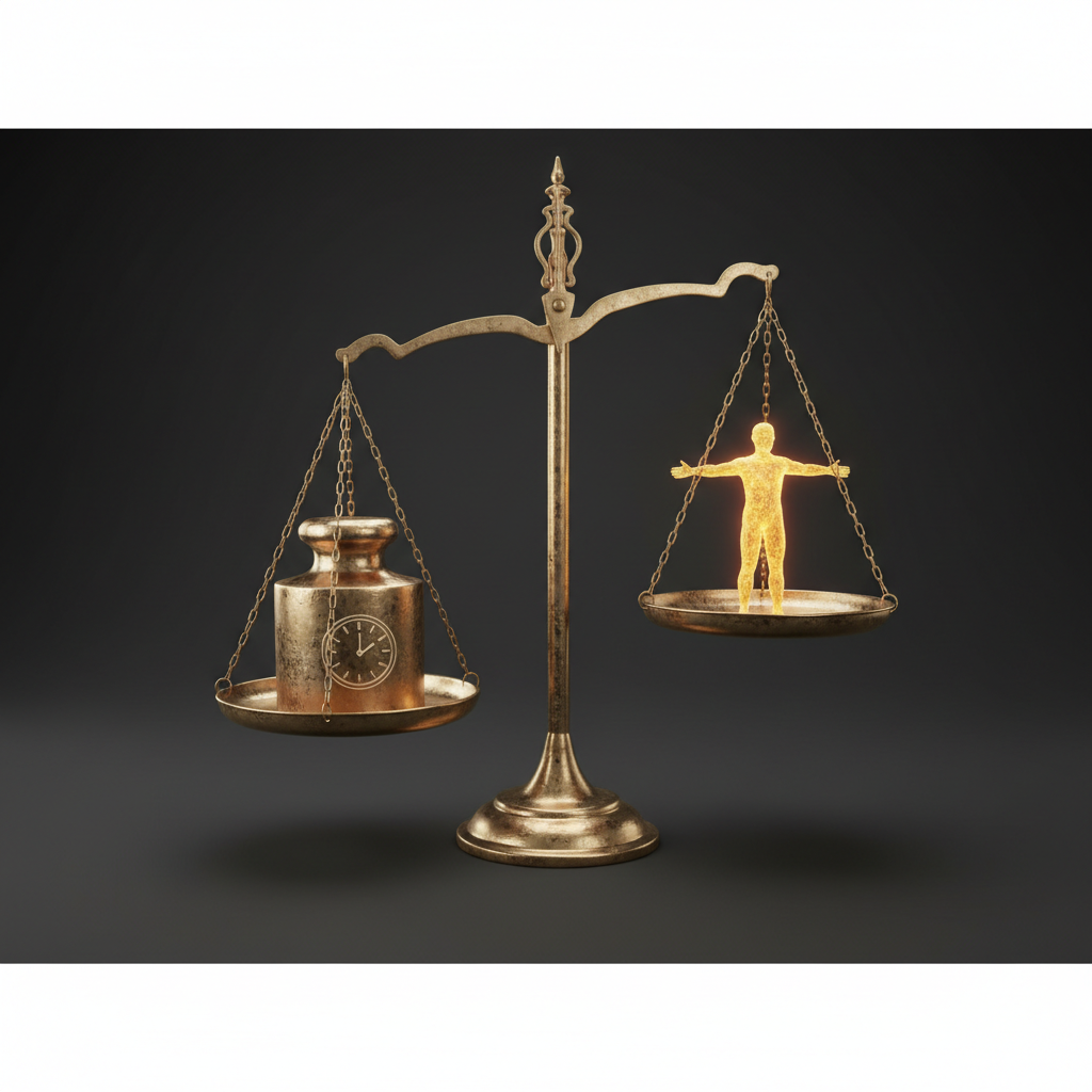 3D render of a vintage brass balance scale, one side holds a heavy metallic standard weight labeled with a clock icon, the other side holds a small glowing human figure, the mechanical side outweighs the human side