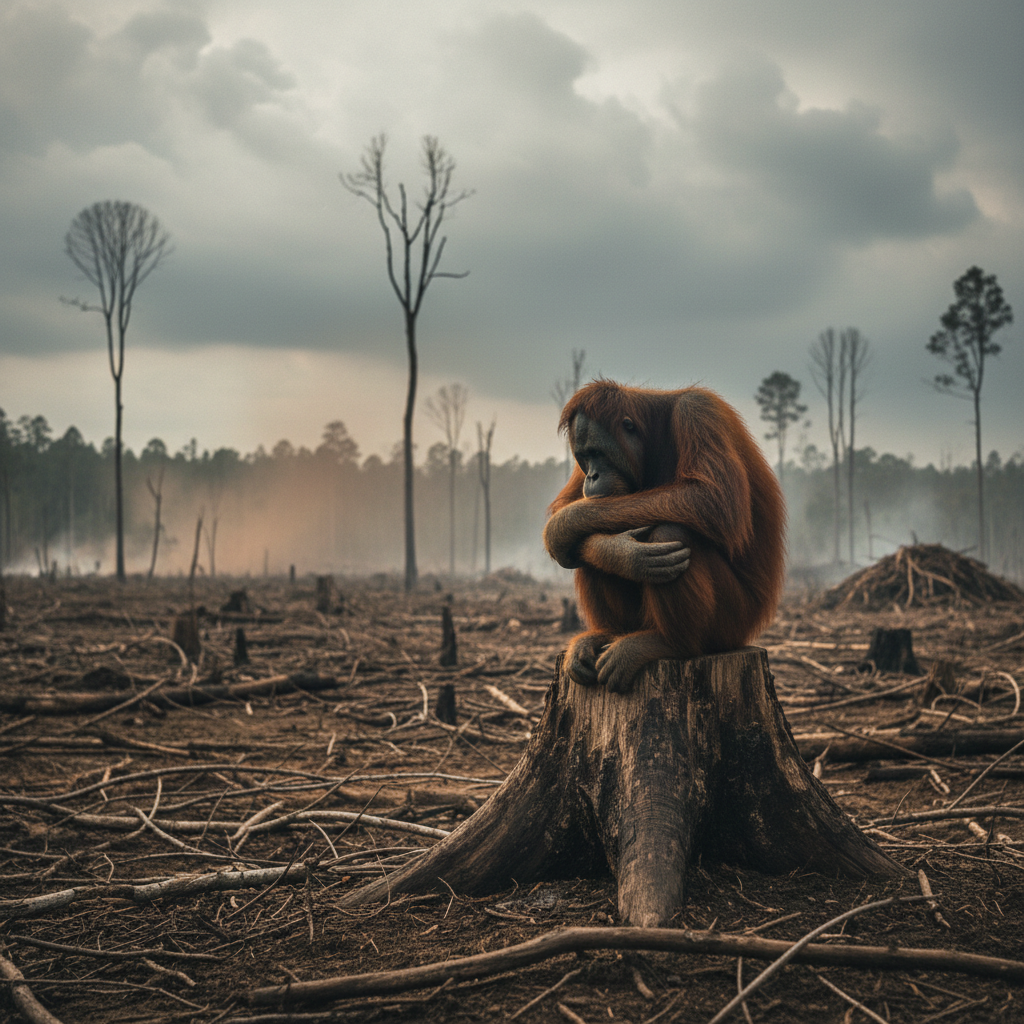 a lonely orangutan sitting on a tree stump in a deforested area, sad atmosphere, realistic photography, sharp focus