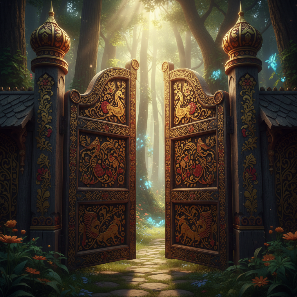 An open ancient wooden gate with elaborate traditional Russian carvings, stylized Khokhloma patterns in gold and red, sunny magical forest background, cinematic lighting, 3d render style