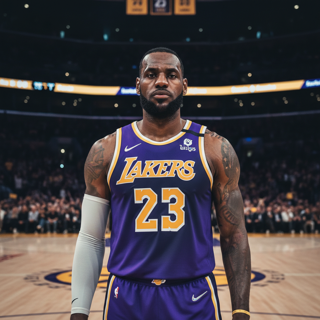 Cinematic portrait of LeBron James in Lakers jersey looking stoic, stadium lighting, high detail realism