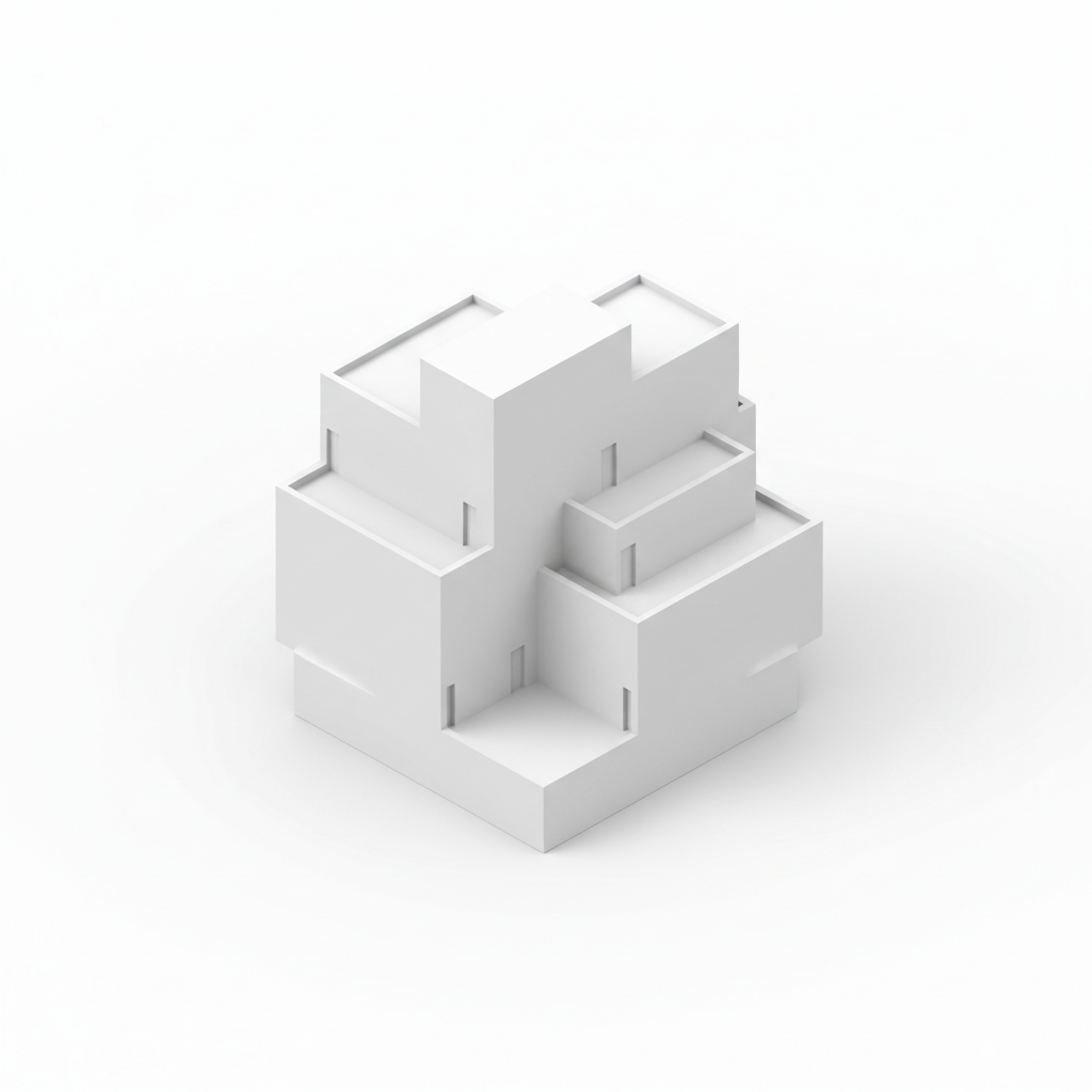 White clay render architectural massing diagram of an 8-story mid-rise building, white background, isometric view, minimalist style, clean lines, showing building volume