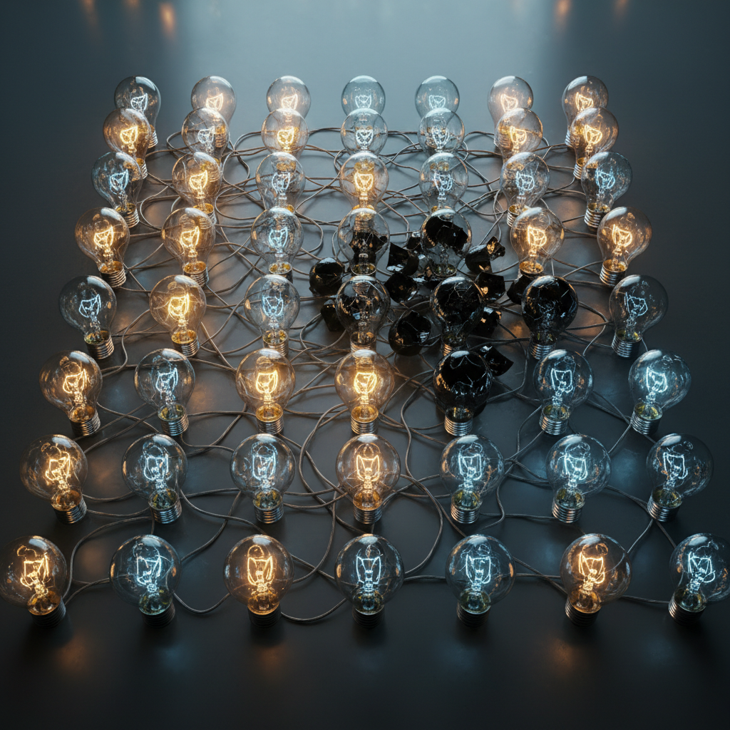 A conceptual grid of glowing lightbulbs where a significant cluster of them is permanently broken and dark, symbolizing dead neurons in a network, dramatic lighting, photorealistic 3d render