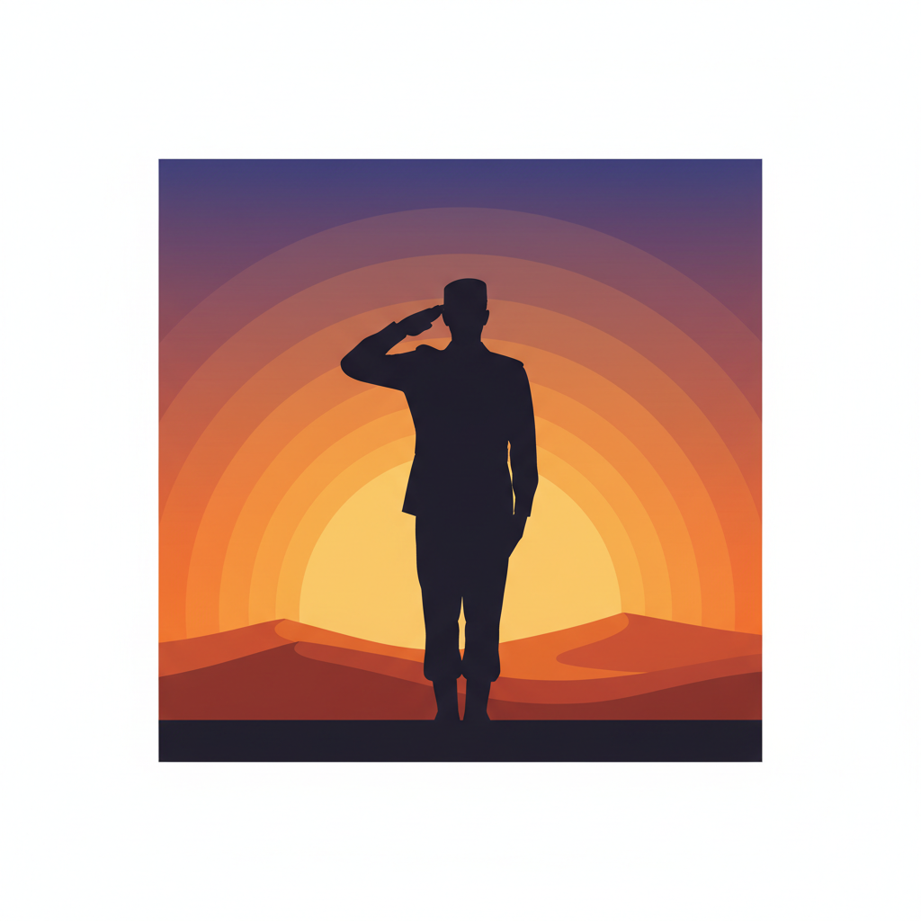UAE soldier silhouette saluting against a sunset, respectful and peaceful, flat vector style