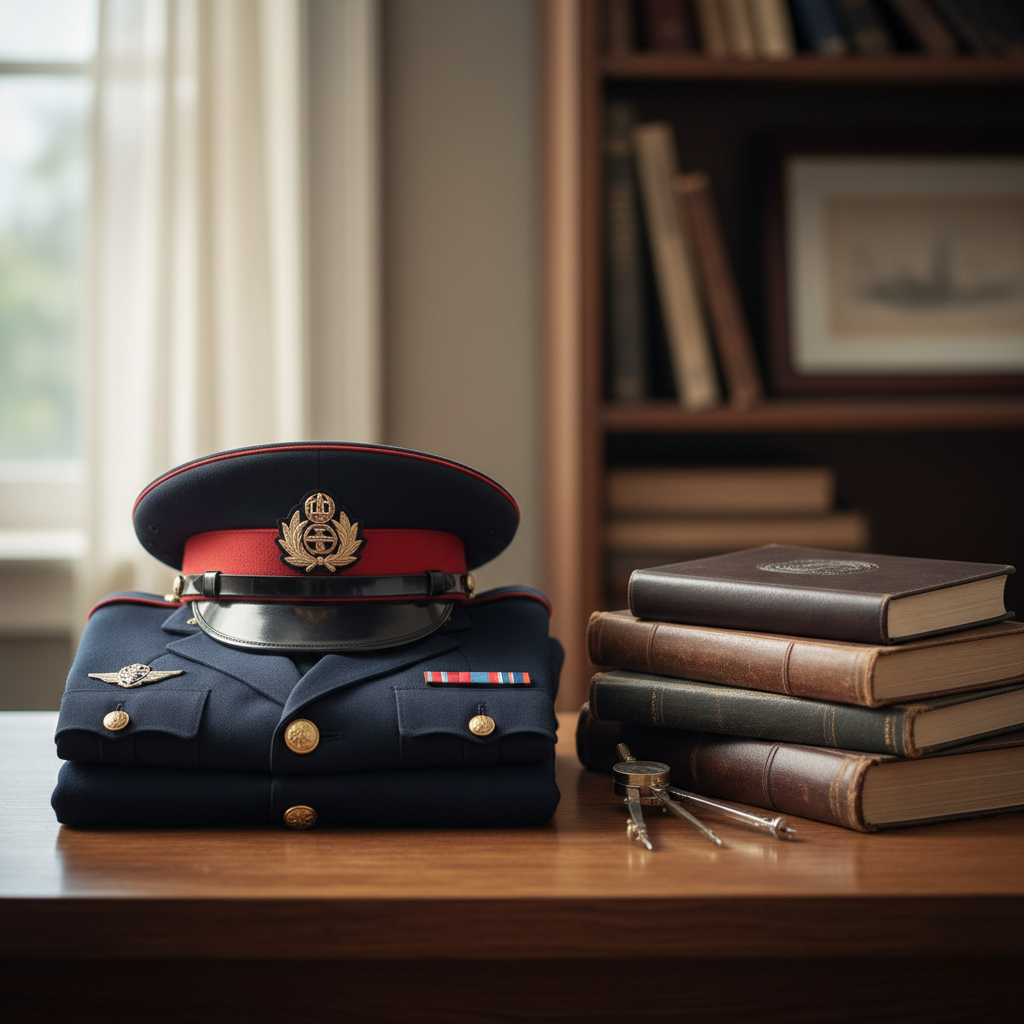 A neat cadet uniform folded on a desk next to school books, symbols of military education and discipline, soft lighting