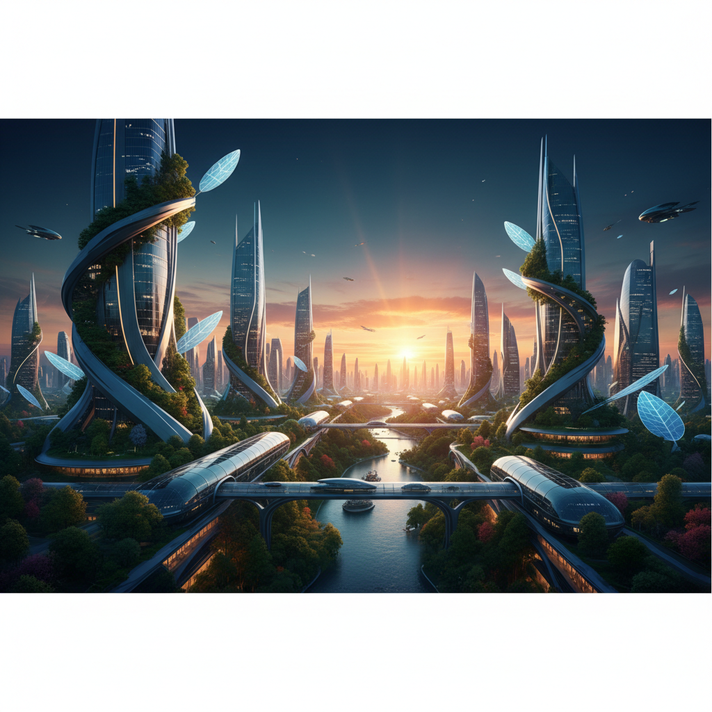 Futuristic horizon with a sunrise over a high-tech city integrated with nature, biophilic skyscrapers, optimistic, dark teal and orange accents, wide shot