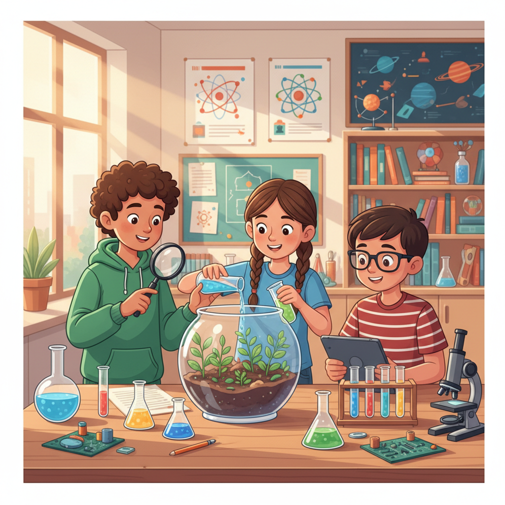 Illustration of middle school students working on a science project, bright colors, educational style