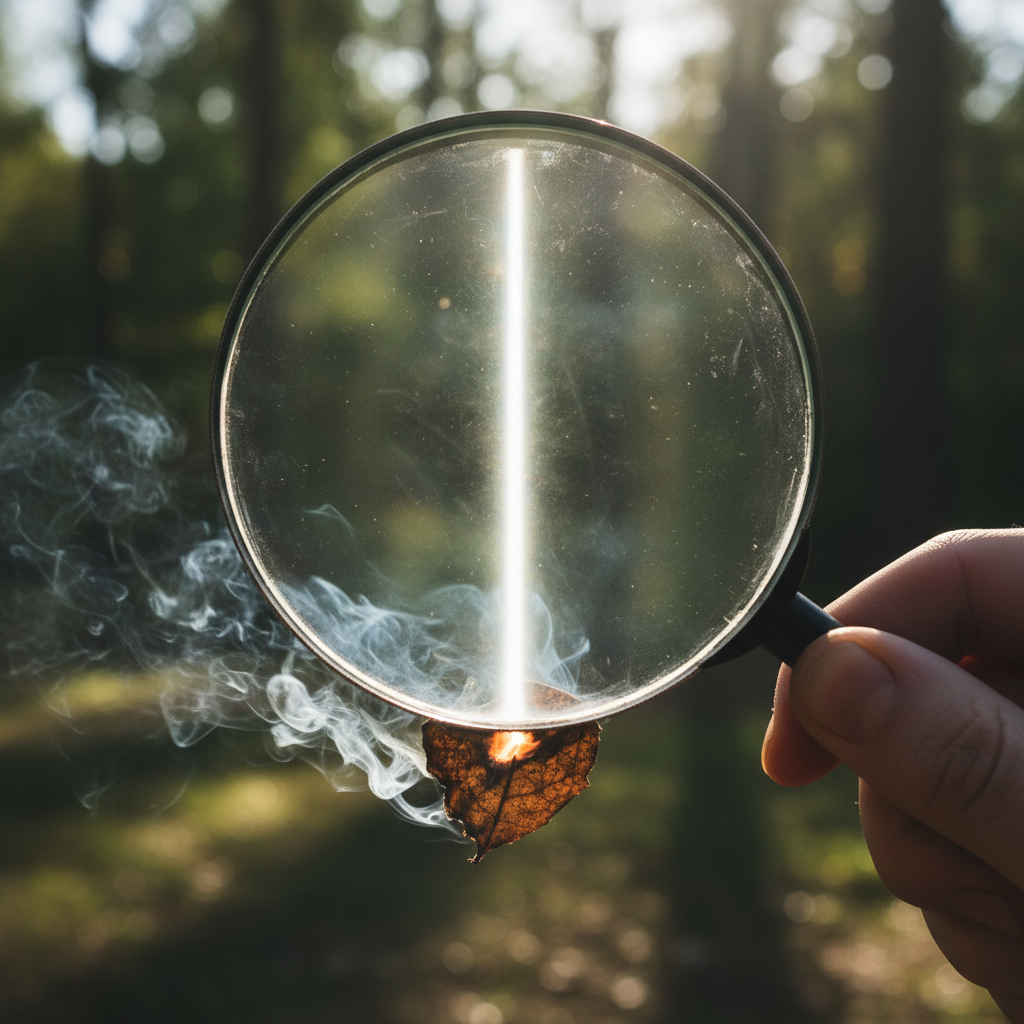 A magnifying glass focusing sunlight into a bright intense beam, blurry background, high contrast