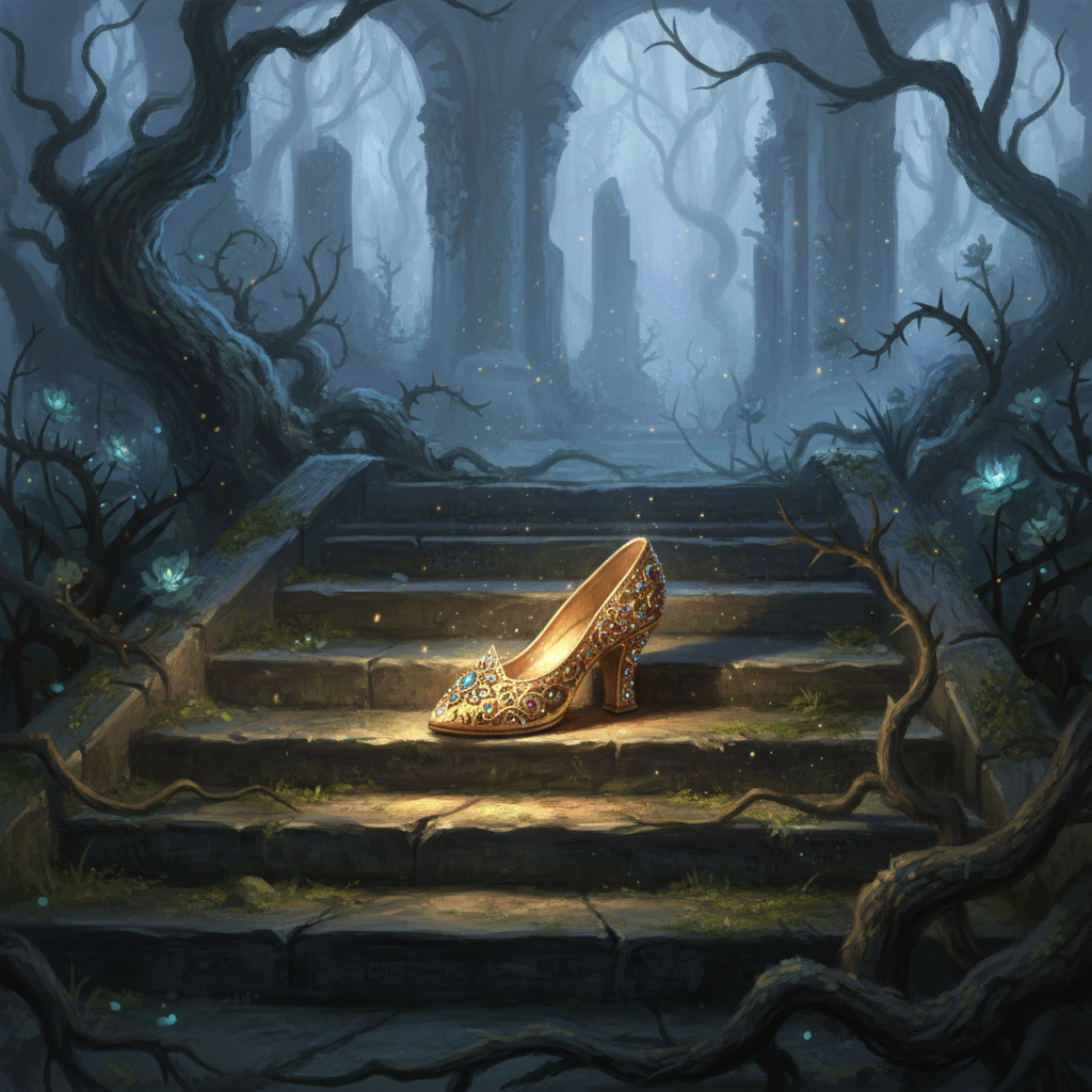 Artistic depiction of Cinderella's golden shoe on a staircase, vintage fairytale style, sombre but magical atmosphere