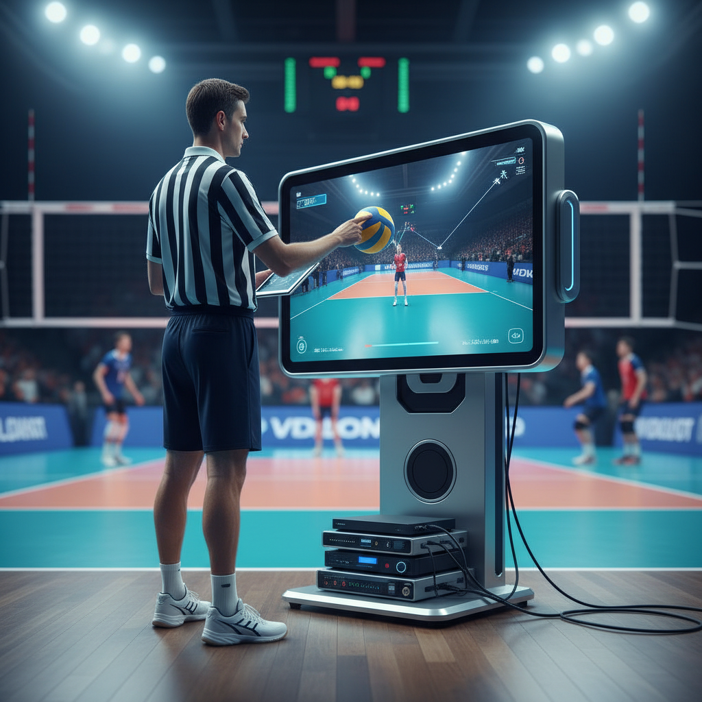 Modern volleyball referee looking at a video challenge screen monitor, technology equipment, blurred volleyball court background