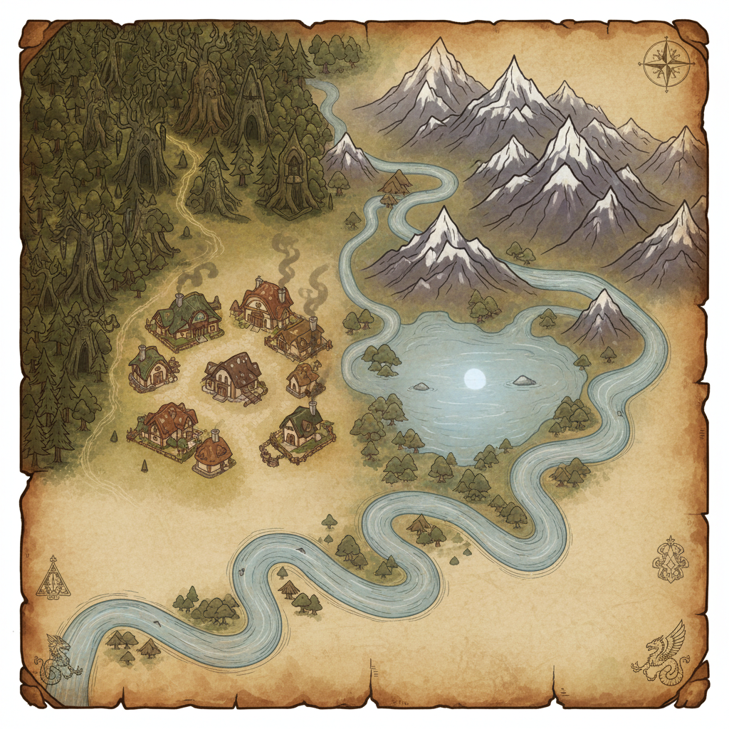 A fantasy map on parchment showing a forest, a village, and a river winding through mountains