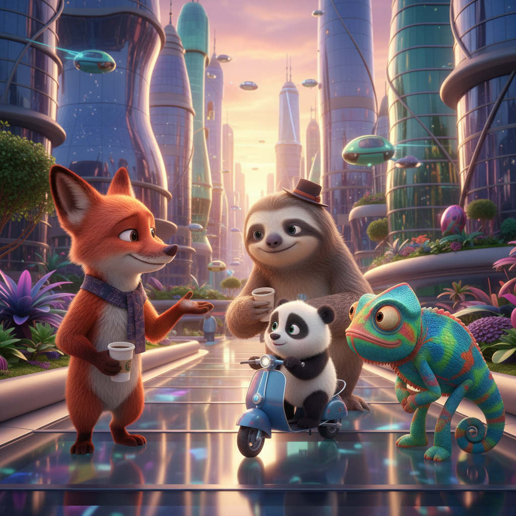 cute 3d animated animals engaging in a conversation in a modern city setting, colorful, pixar style gloss