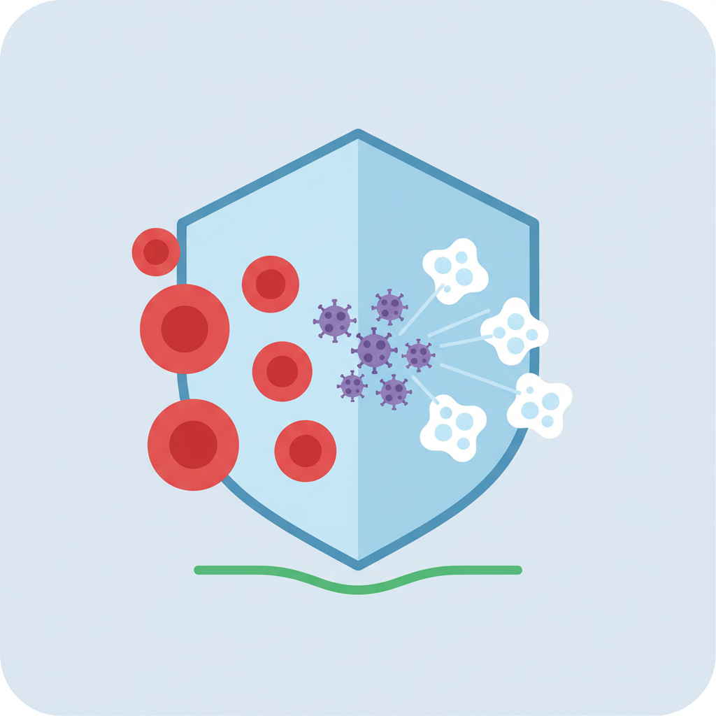 minimalist flat vector icon of a shield protecting red blood cells, white blood cells attacking virus, educational style