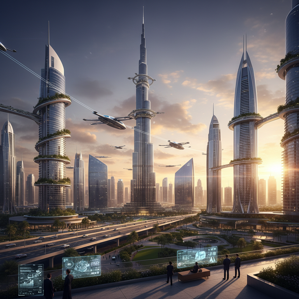 futuristic dubai skyline at sunset featuring burj khalifa, modern architecture, professional business atmosphere, cinematic lighting, 8k resolution, photorealistic, wide angle